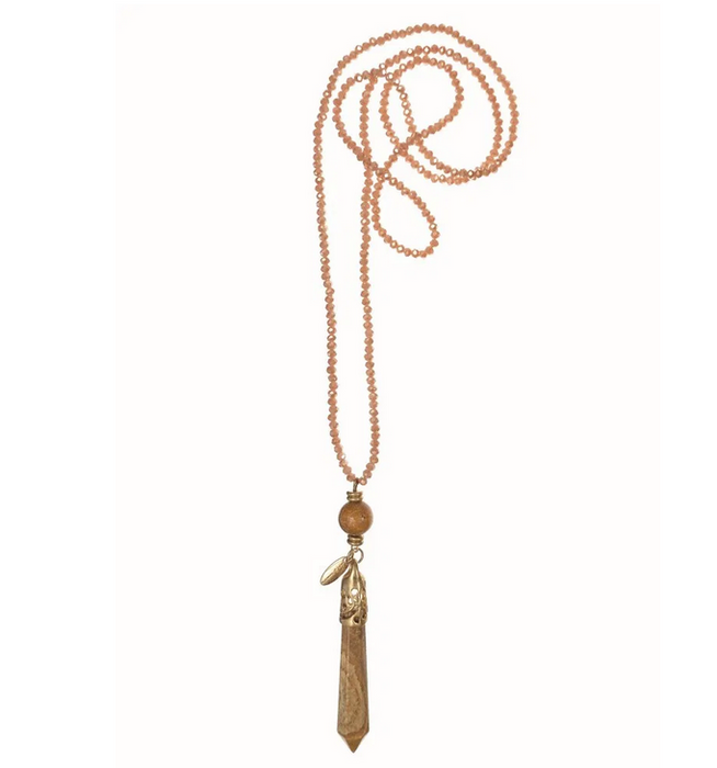 Hot Tomato Facetted Glass Bead Chain With Crystal Drop In Worn Gold & Natural Necklace