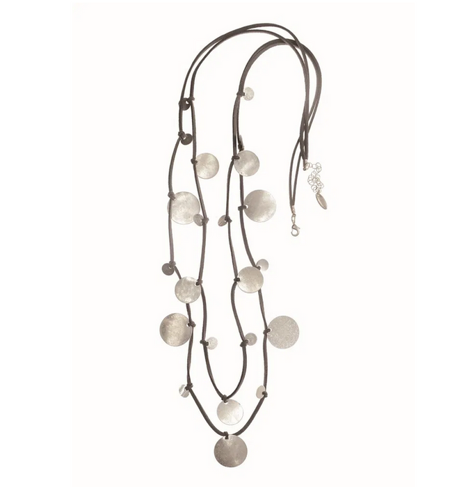 Hot Tomato Moon Orbit Worn Silver & Grey Cord Necklace