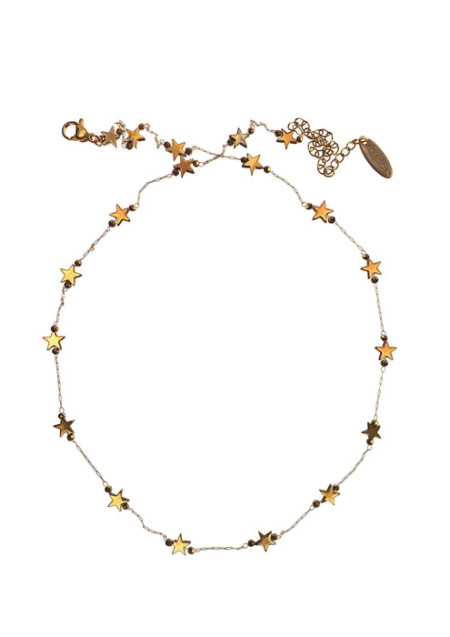 Hot Tomato Stainless Steel Old Gold Mineral Bead Orbit Of Stars Necklace