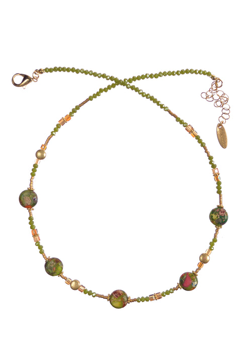 Hot Tomato Moss Green & Gold Thread Chain Pill Bead With Crystal Necklace