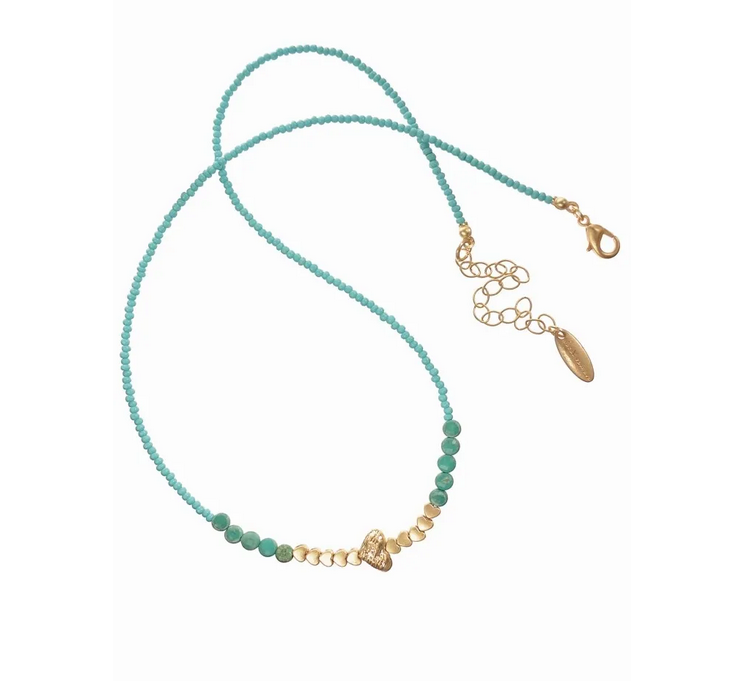 Hot Tomato Heart to Heart Stone & Crystal Turquoise/Gold Necklace