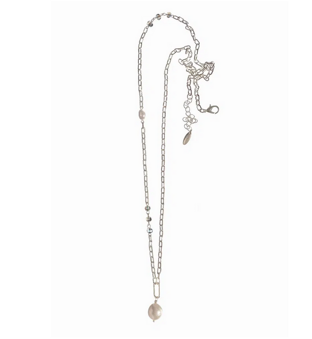 Hot Tomato Pearl Drop On Beaded Chain Worn Silver Necklace