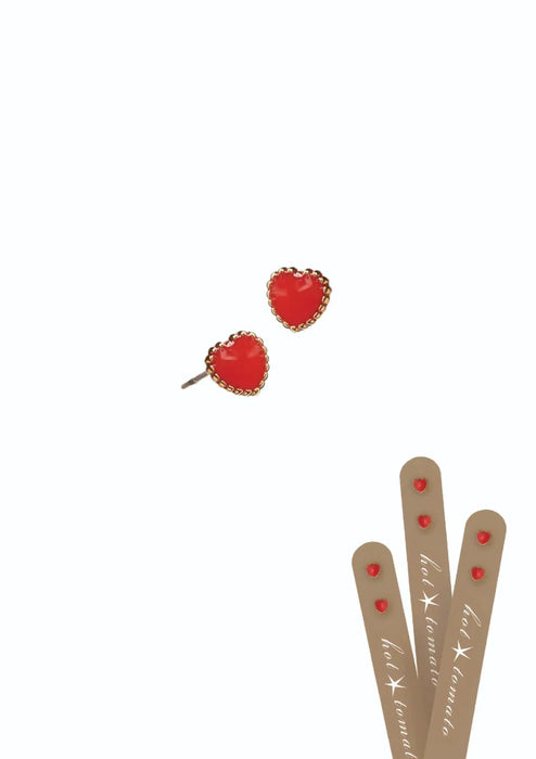 Hot Tomato Stainless Steel/18K Gold/Ruby Mini Heart Enamel Studs