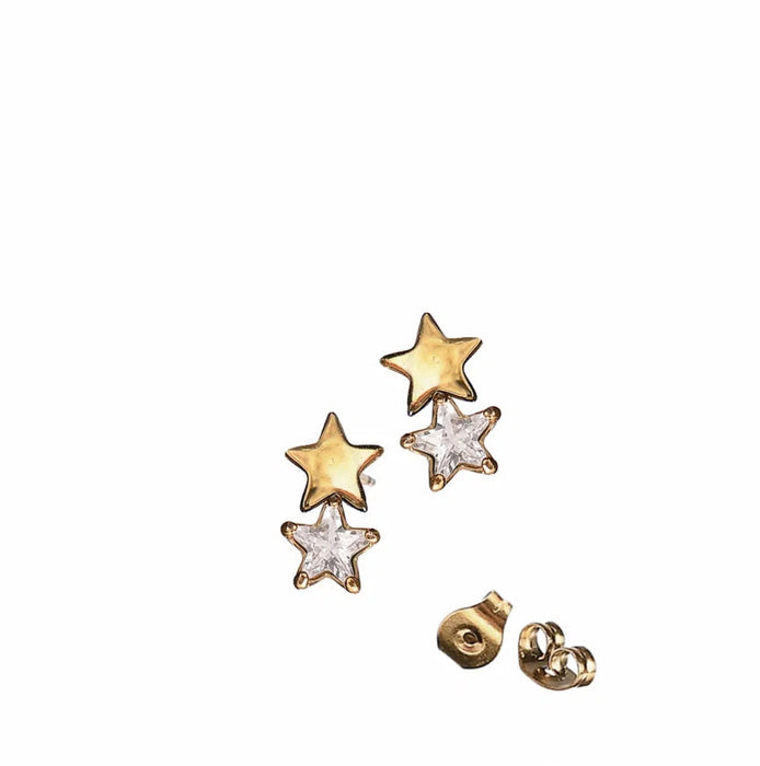 Hot Tomato Star Duet Stainless Steel With 18K Gold Clear Crystal Studs
