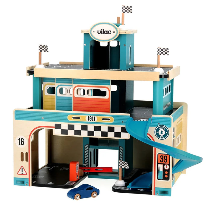 Inside Out Toys Vilac Vintage Wooden Toy Garage With Car Lift And Spiral Ramp