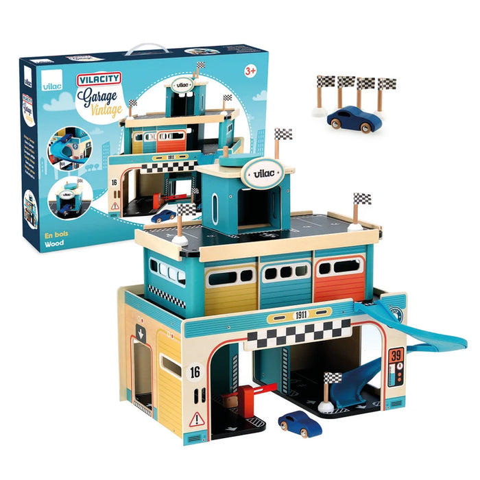 Inside Out Toys Vilac Vintage Wooden Toy Garage With Car Lift And Spiral Ramp