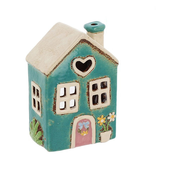 Village Pottery Garden Heart House Teal Tealight