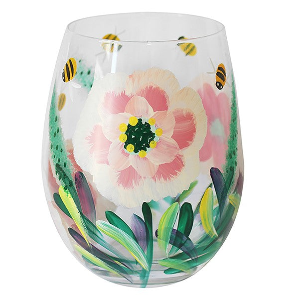 Hand Painted Stemless Glass Peonies And Bees