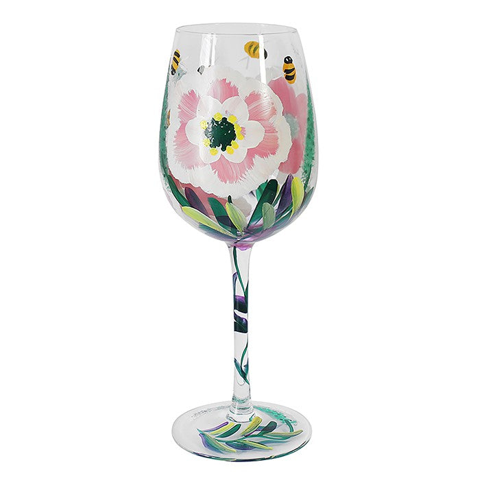 Flower Wine Glass Cottage Peonies And Bees