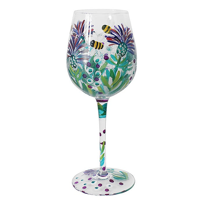 Flower Wine Glass Cottage Thistles And Bees