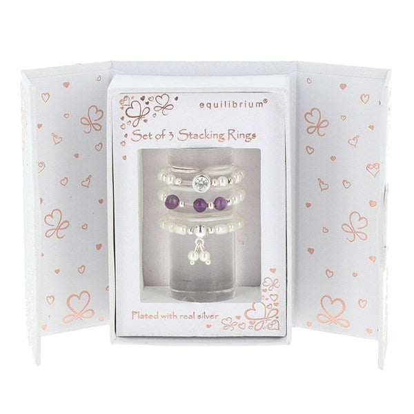 Equilibrium Silver Plated Stackable Rings Pearl Gift Set Of 3