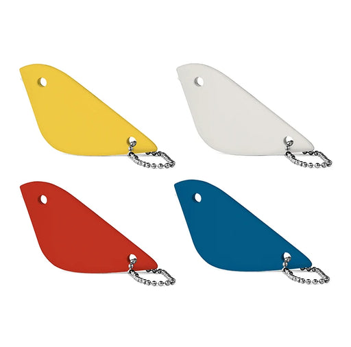 Four flat, curved keychain tags in yellow, white, red, and blue, each with a small silver ball chain attached, shown on a plain white background.