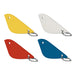 Four flat, curved keychain tags in yellow, white, red, and blue, each with a small silver ball chain attached, shown on a plain white background.