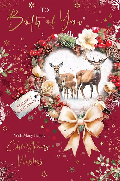 Christmas card with reindeer, bow, and festive text on a red background