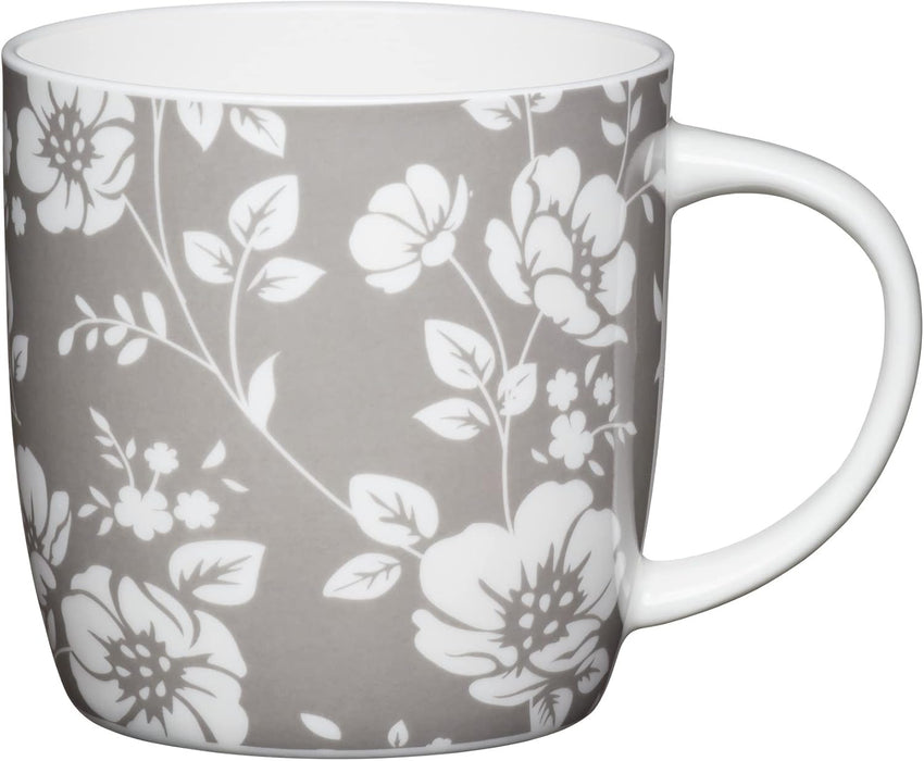 KitchenCraft Bone China Grey Floral Flower-Patterned Barrel Mug