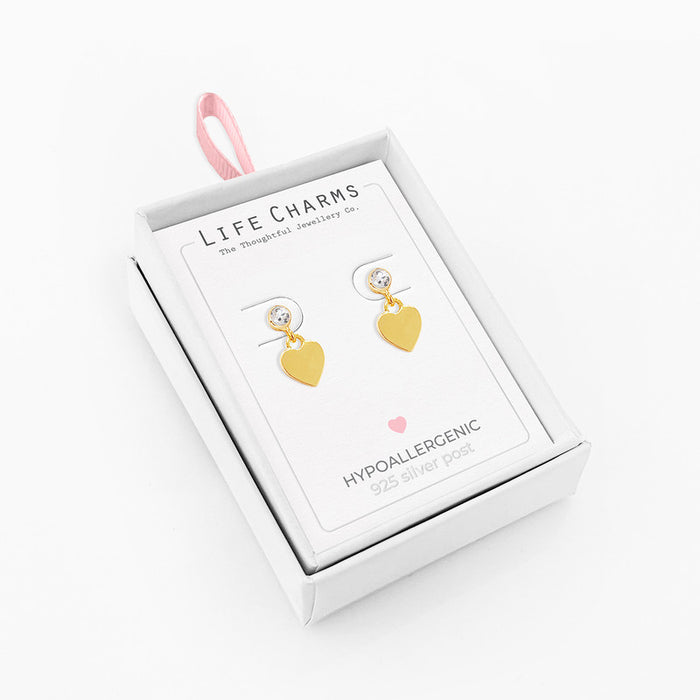 Life Charms Gold Heart Drop Stud Earrings