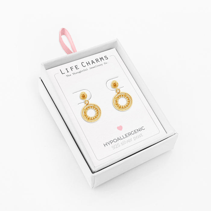 Life Charms Round Drops Gold Stud Earrings