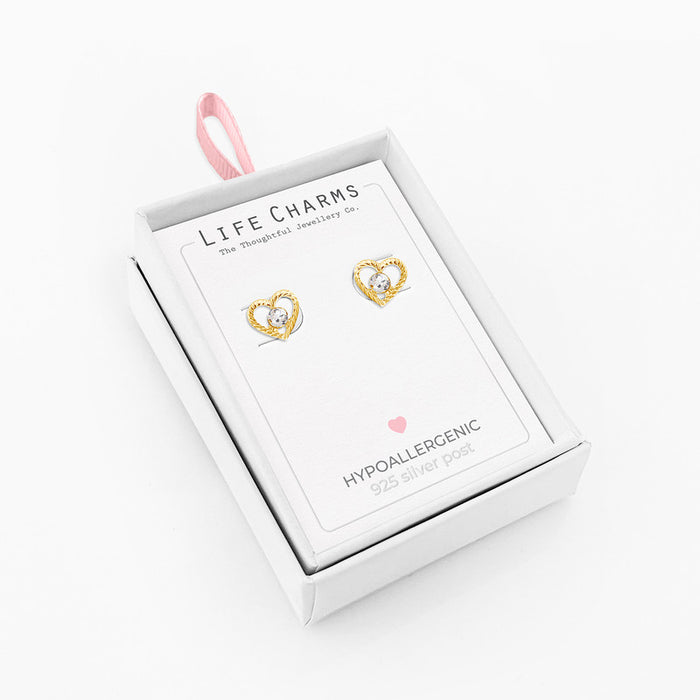 Life Charms Crystal Heart Gold Studs