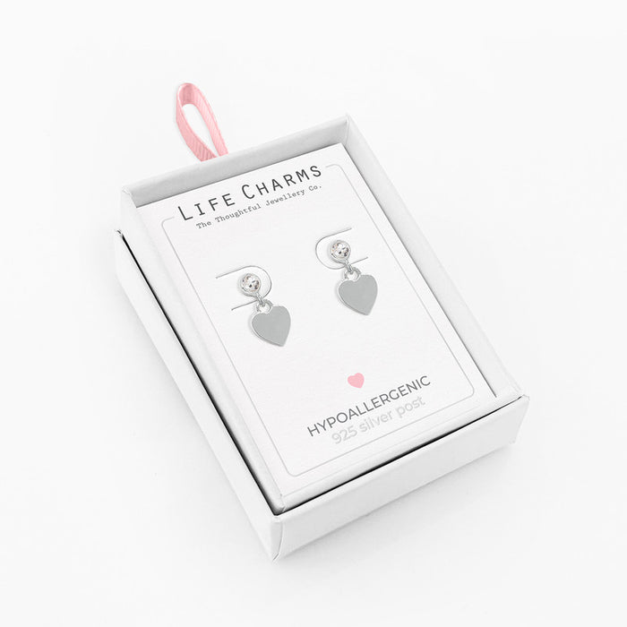 Life Charms Silver Heart Drop Stud Earrings