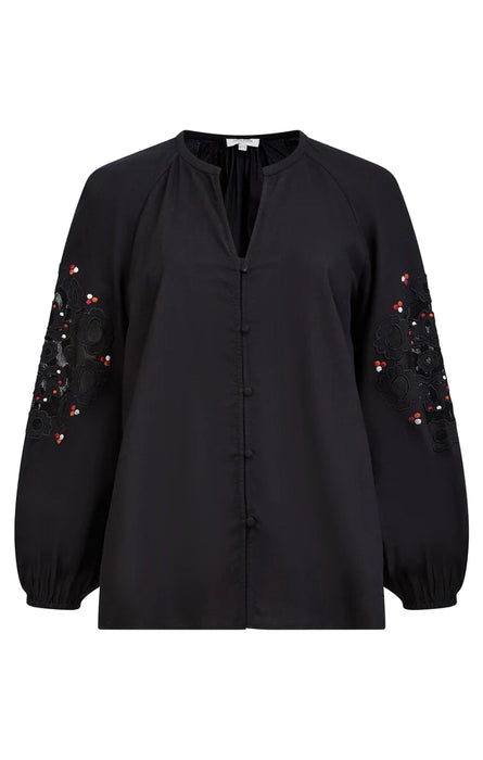 Great Plains Womens Light Flannel Embroidery Blouse Black Multi