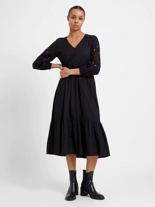 Great Plains Womens Light Flannel Embroidery V-Neck Dress Black Multi
