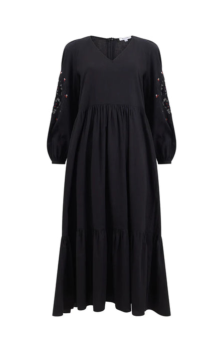 Great Plains Womens Light Flannel Embroidery V-Neck Dress Black Multi