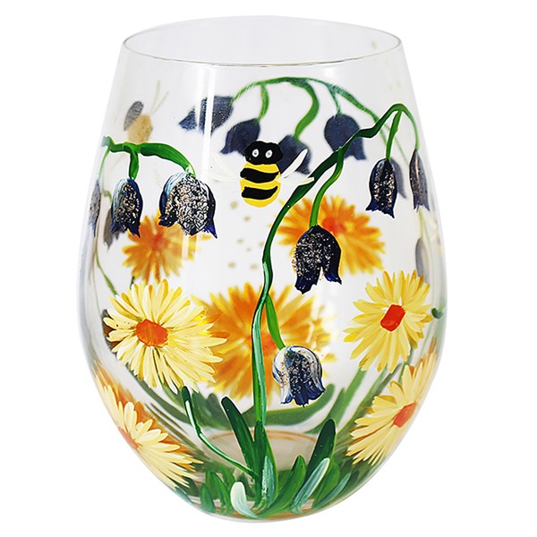 Hand Painted Stemless Glass Bluebells Dandelions & Bees