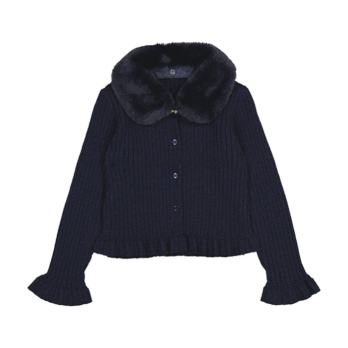 Mayoral Girls Faux Fur Collar Cardigan