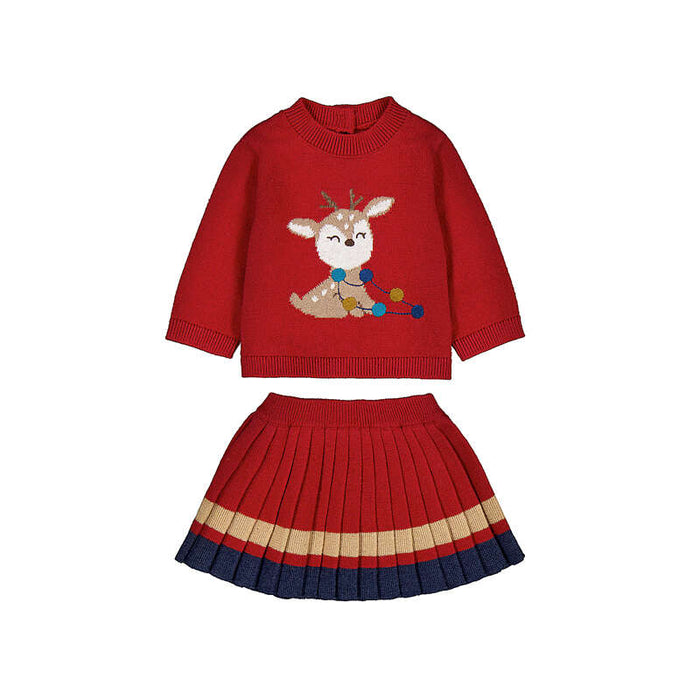 Mayoral Girls Knit Skirt And Sweater Set In Red