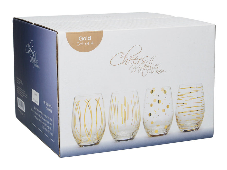 Mikasa Cheers Metallic Gold Set Of 4 Stemless 470 ml Wine Glasses