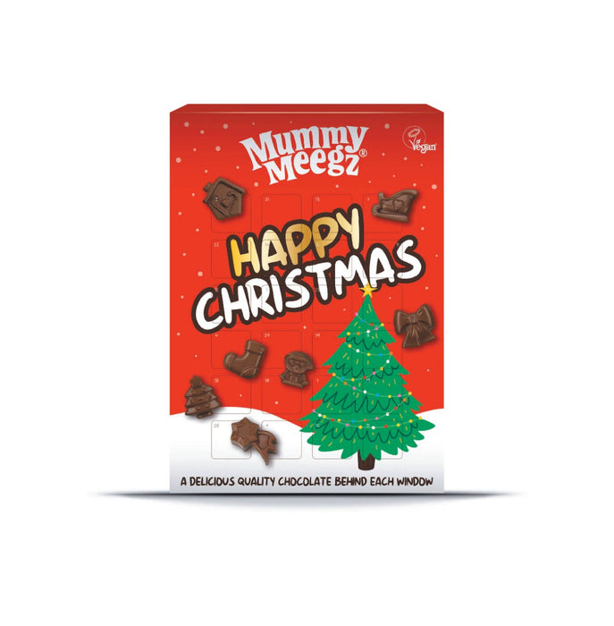 A red box of Mummy Meegz Happy Christmas chocolates, featuring a green Christmas tree illustration and several chocolate shapes on a white background.