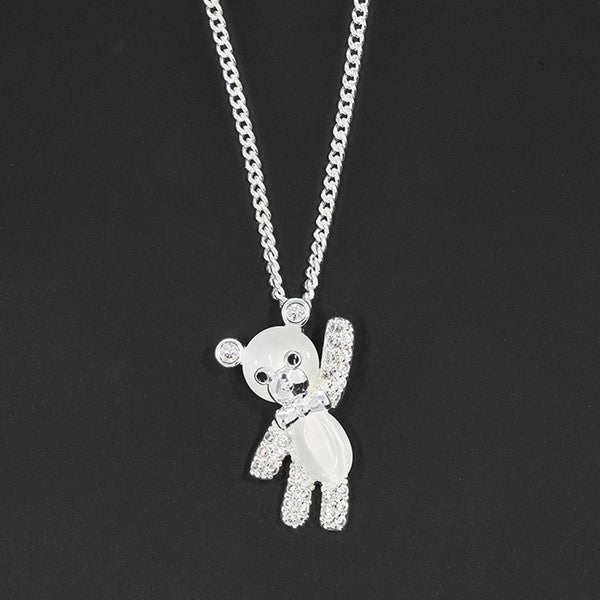 Equilibrium Cute Sparkle/Pearl Teddy Silver Plated Necklace