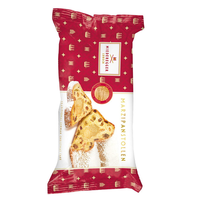 A package of Niederberger Marzipanstollen cookies, featuring a festive red and white design with gold accents and an image of two decorated marzipan cookies on the front.