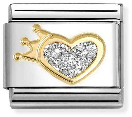 Nomination Classic Gold Silver Glitter Heart With Crown Charm