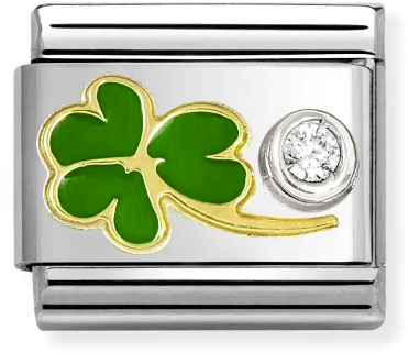 Nomination Classic Gold Symbols Green Four Leaf Clover With White Stone Charm