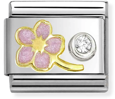 Nomination Classic Gold Symbols Pink Forget Me Not With White Stone Charm