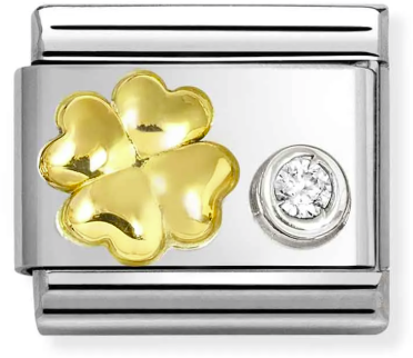 Nomination Classic Gold Symbols Four Leaf Clover With White Stone Charm