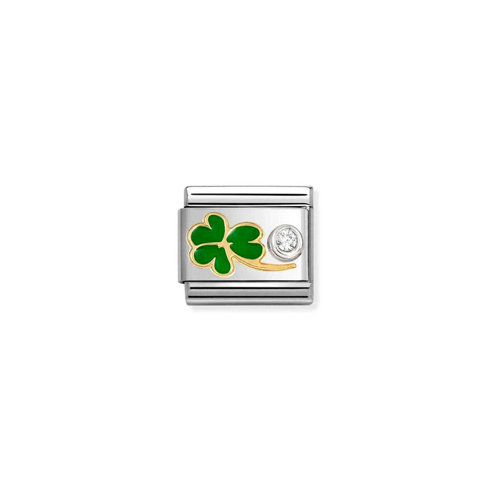Nomination Classic Gold Symbols Green Four Leaf Clover With White Stone Charm
