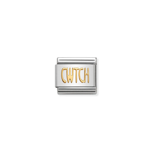 Silver charm with gold 'CWTCH' text on a white background