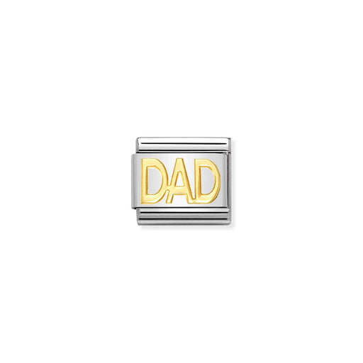 Silver and gold charm with 'DAD' on a white background