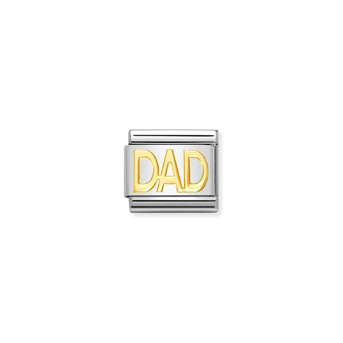 Silver and gold charm with 'DAD' on a white background