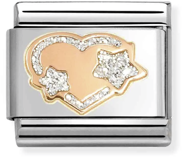 Nomination Classic Rose Gold Symbol Silver Glitter Heart With Stars Charm