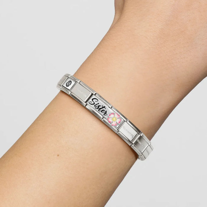 Nomination Classic Silver Double With Crystal Sister Pink Flower Charm