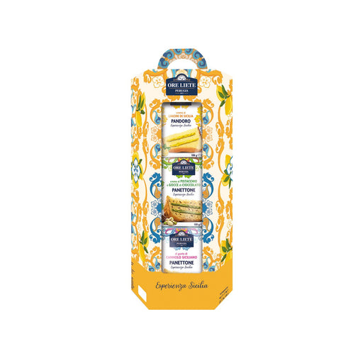 Ore Liete Sanita Experienza Sana gift set containing three artisanal flatbreads (Pandoro, Panettone, and Farfalle) in a decorative yellow and blue patterned cardboard box.