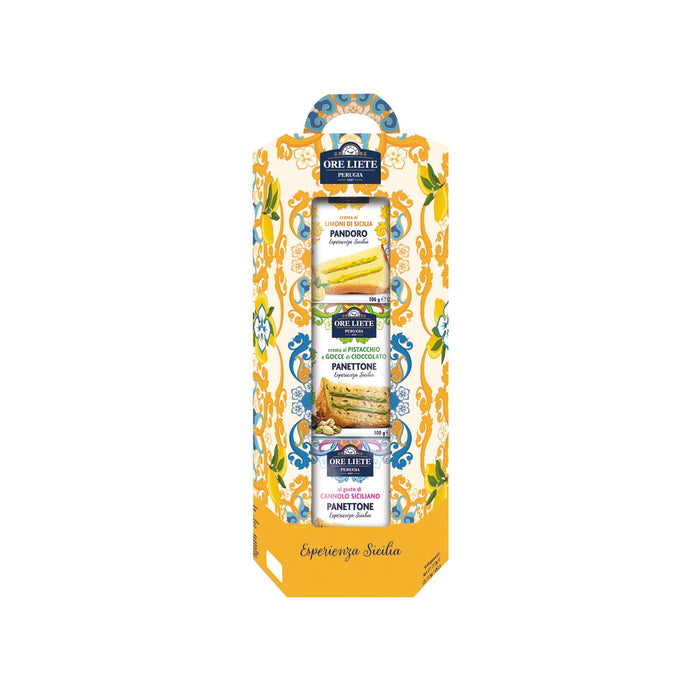 Ore Liete Sanita Experienza Sana gift set containing three artisanal flatbreads (Pandoro, Panettone, and Farfalle) in a decorative yellow and blue patterned cardboard box.