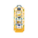Ore Liete Sanita Experienza Sana gift set containing three artisanal flatbreads (Pandoro, Panettone, and Farfalle) in a decorative yellow and blue patterned cardboard box.