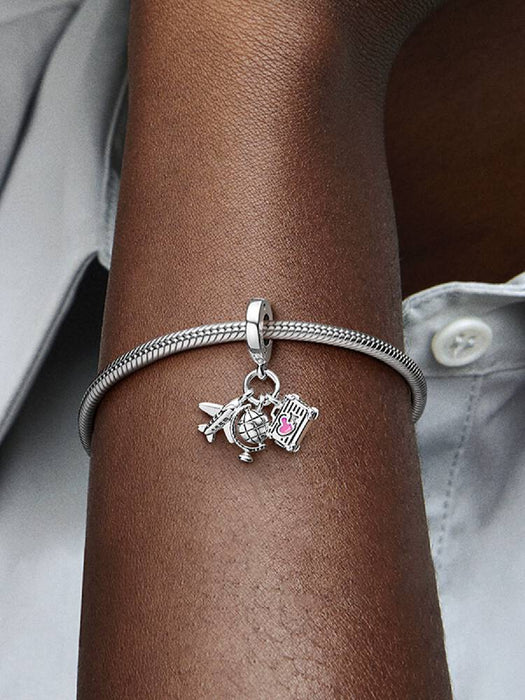 Pandora Airplane, Globe & Suitcase Dangle Charm Sterling Silver