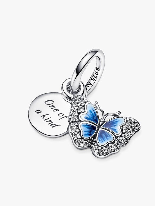 Pandora Blue Butterfly & Quote Double Dangle Charm Sterling Silver