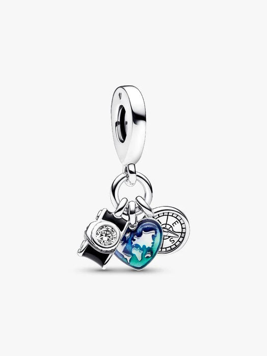 Pandora Camera, Heart & Compass Triple Dangle Charm Sterling Silver