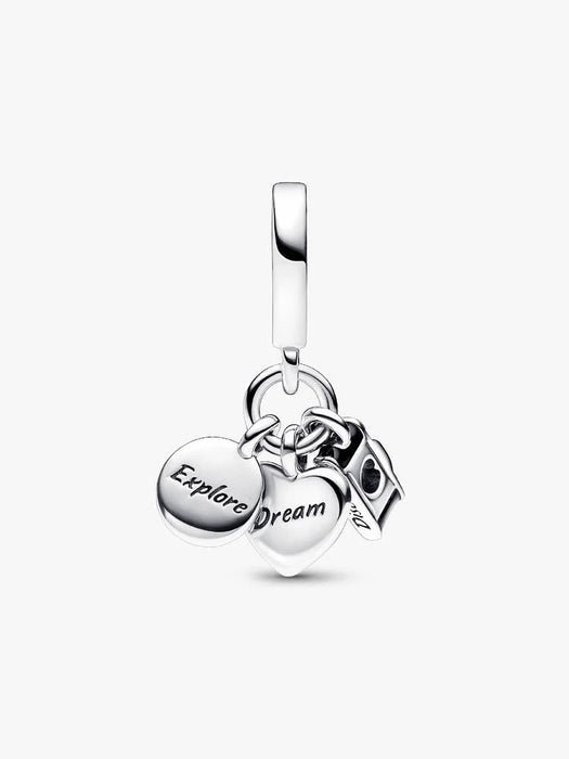 Pandora Camera, Heart & Compass Triple Dangle Charm Sterling Silver